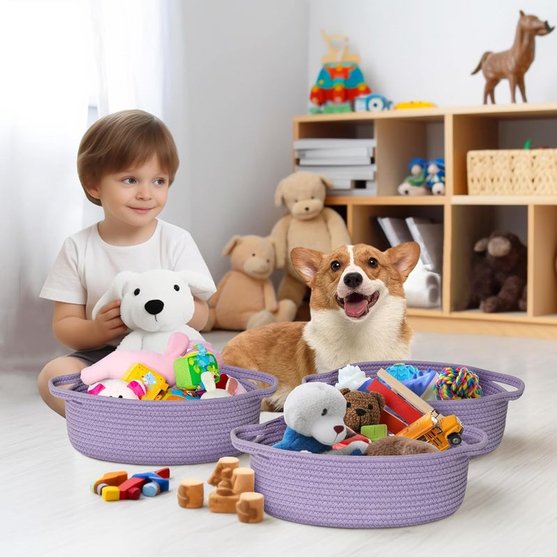 WILLITAT Small Baskets for Gifts Empty, 13"x 9"x 5" Woven Gift Basket with Bag and Ribbon, Cotton Rope Kids Dog Cat Toy Bin Box, Cute Baby Nursery Organizer, Decorative Storage with Handles,Purple - Image 2